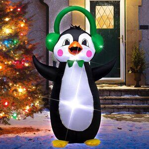 4ft Christmas Inflatable Penguin with Headphones for Indoor and Outdoor Display
